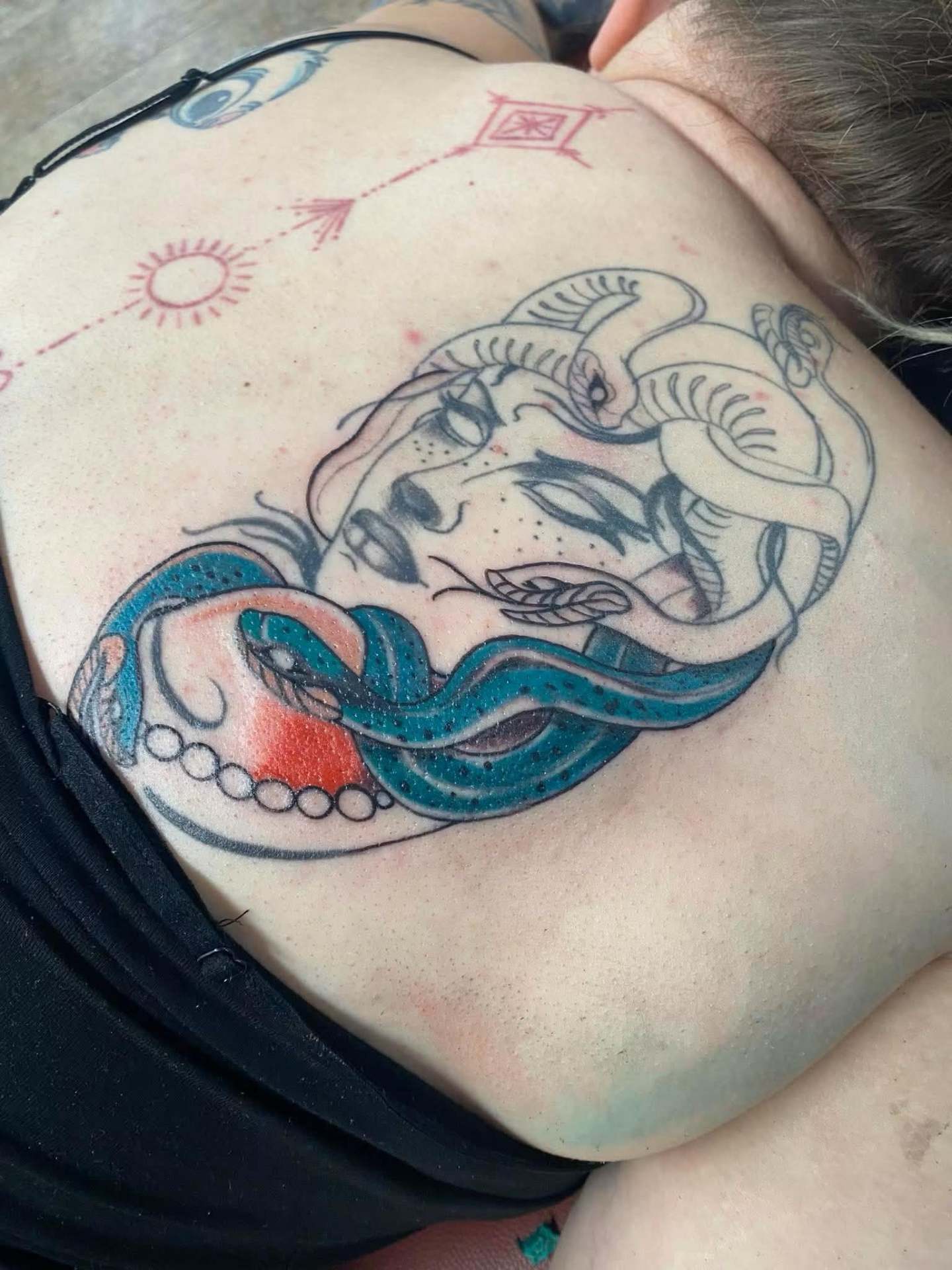Medusa snake & face back piece