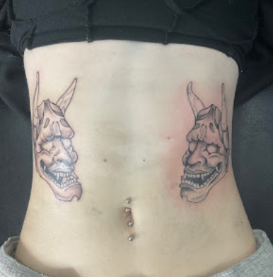 Hannya mask stomach tattoo