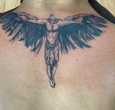 Winged angel back tattoo